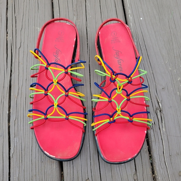 Vintage 90s y2k Rainbow Primary Elastic Strappy Caged Slingback Sandals 7 - Picture 2 of 9